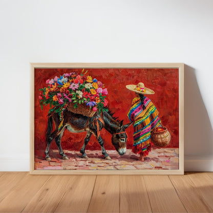 Mexican Floral Donkey Wall Art, Latina Flower Market Folk Art, Vibrant Cultural Serape Print, Mexico Decor, Colorful Latin American Painting