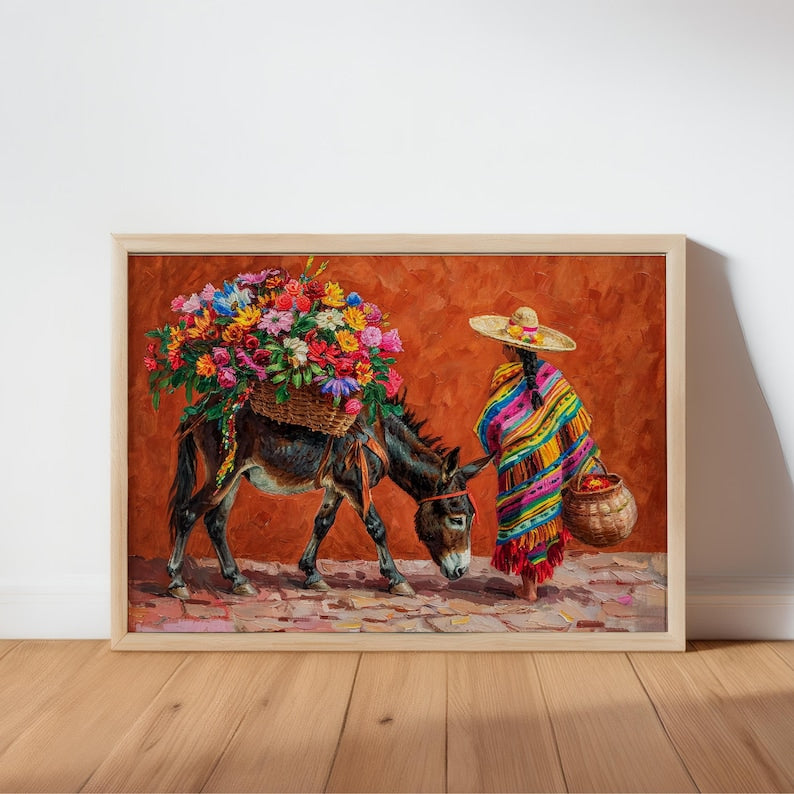 Mexican Floral Donkey Wall Art, Latina Flower Market Folk Art, Vibrant Cultural Serape Print, Mexico Decor, Colorful Latin American Painting