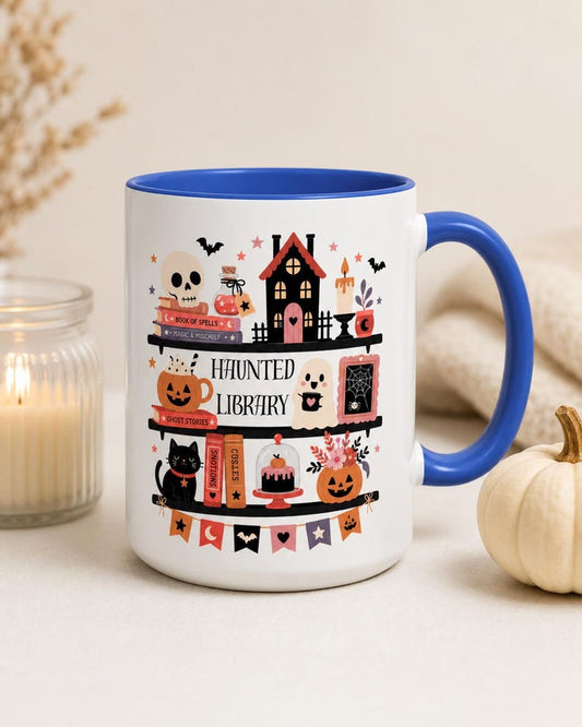Haunted Library Mug, Halloween Book Lover Coffee Cup, Spooky Ghost Story Ceramic Mug