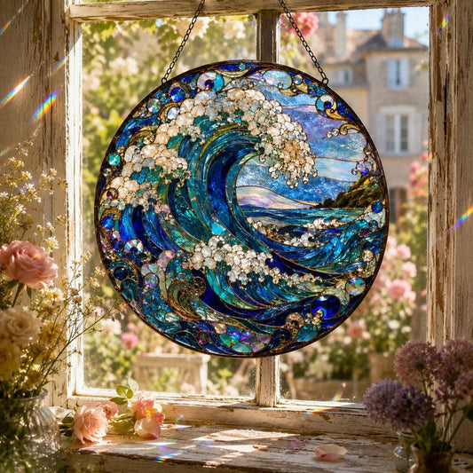 Ocean Wave Suncatcher, Coastal Window Hanging, Blue Sea Wave Decor for Beach Lovers, 4 Sizes