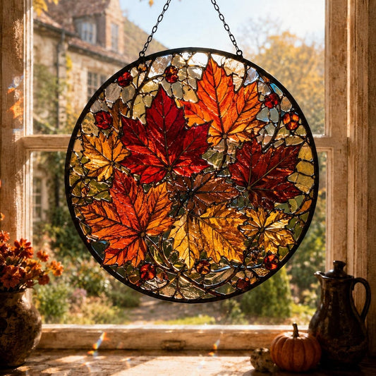 Autumn Leaf Suncatcher for Fall Lovers, Maple Leaf Window Hanging, Stained Glass Style Decor Gift