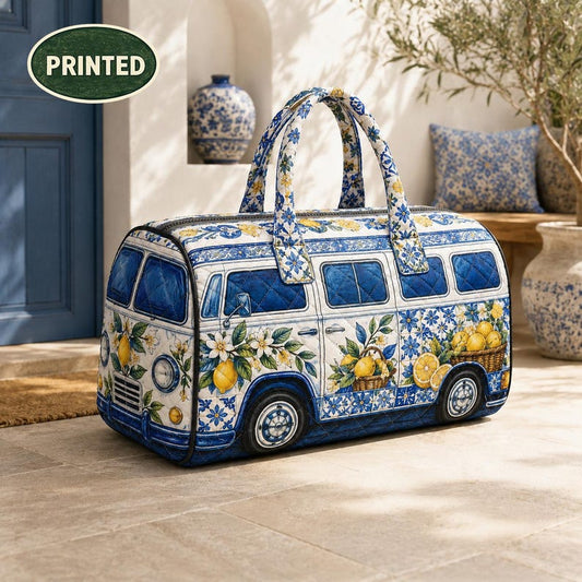 Quilted Weekend Bag, Vintage Lemon Camper Van Duffel, Floral Overnight Travel Tote, Cute Birthday Gift For Her, Best Friend And Mom