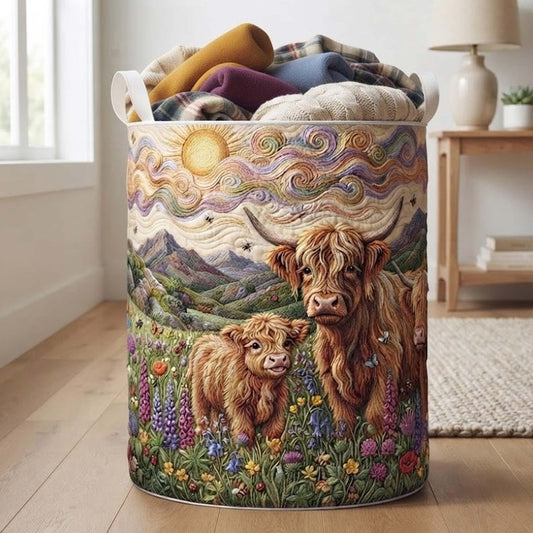 Highland Cow Quilted Laundry Hamper: Farmhouse Wildflower Storage Bin, Quilt Fabric Hamper