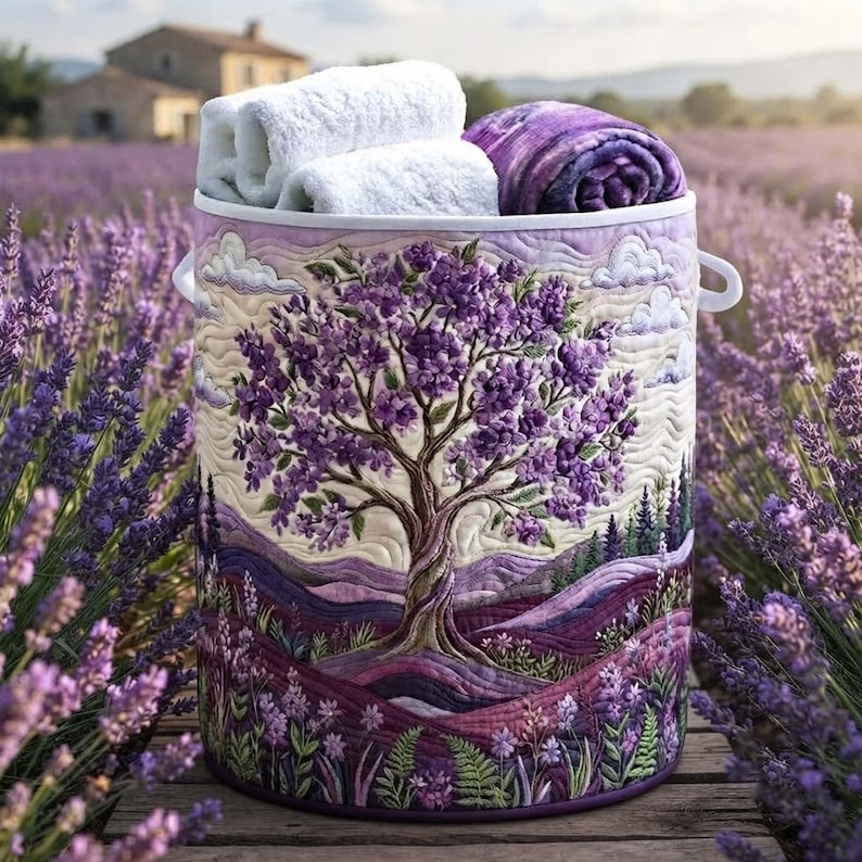 Lilac Haze Quilted Laundry Basket, Purple Flower Storage Bin, Quilt Fabric Hamper
