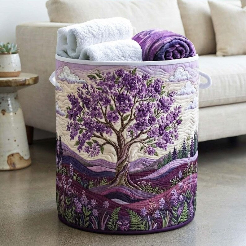 Lilac Haze Quilted Laundry Basket, Purple Flower Storage Bin, Quilt Fabric Hamper