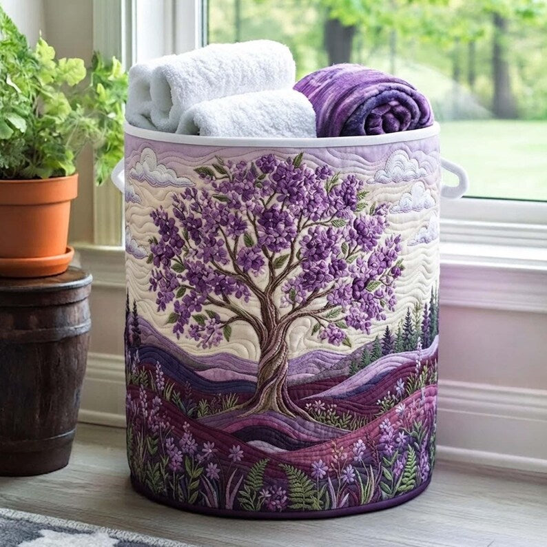 Lilac Haze Quilted Laundry Basket, Purple Flower Storage Bin, Quilt Fabric Hamper