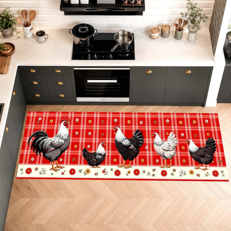 Rooster Chicken Runner Rug: Farmhouse Red Plaid Kitchen Carpet, Non-Slip Machine-Washable
