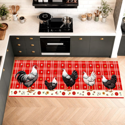 Rooster Chicken Runner Rug: Farmhouse Red Plaid Kitchen Carpet, Non-Slip Machine-Washable