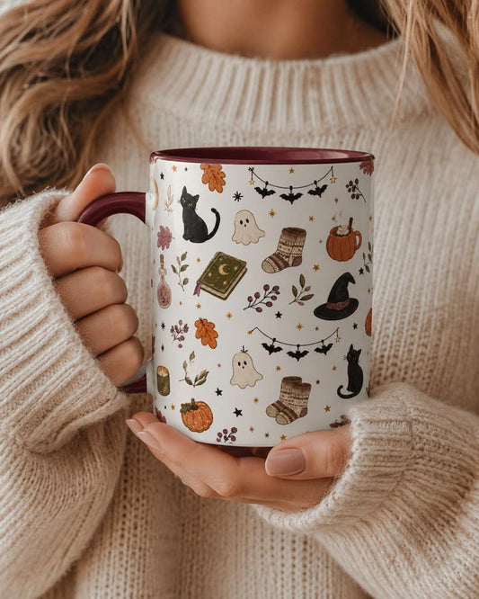 Halloween Black Cat Pumpkin Witch Hat Mug, Spooky Fall Ceramic Coffee Cup