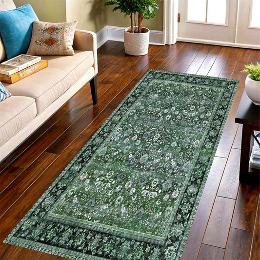 Sage Green Printed Runner Rug: Vintage Floral Hallway Carpet, Machine-Washable Non-Slip