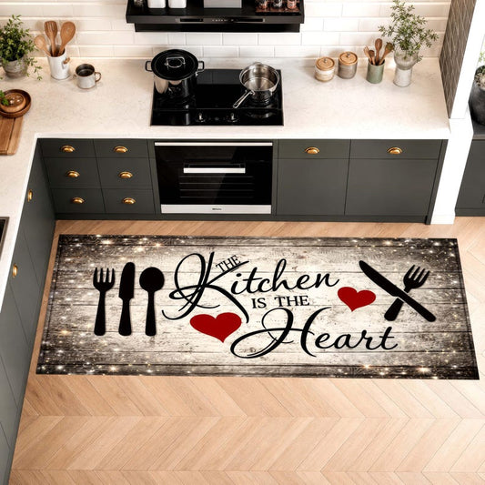 Farmhouse Kitchen Heart Runner Rug: Rustic Wood Plank Pattern Carpet, Non-Slip Machine-Washable