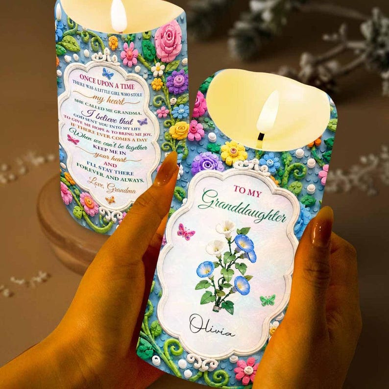 Personalized Once Upon A Time To My Granddaughter LED Candle, Custom Name Colorful Floral Keepsake, Love From Grandma Gift For Granddaughter