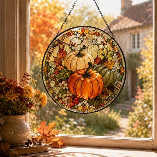 Pumpkin Suncatcher, Fall Window Hanging, Stained Glass Style Autumn Decor for Cozy Cottage Homes