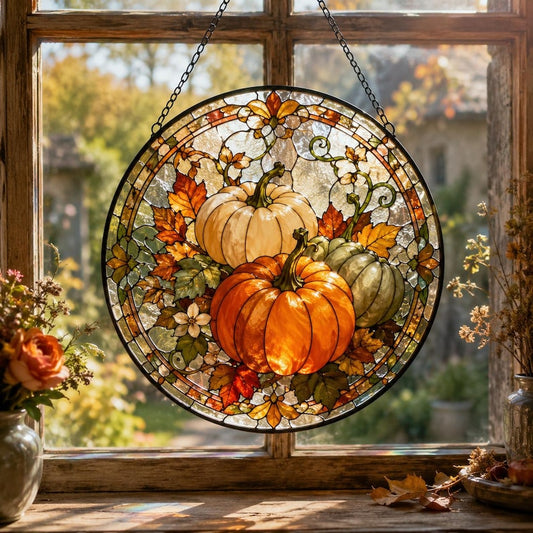 Pumpkin Suncatcher, Fall Window Hanging, Stained Glass Style Autumn Decor for Cozy Cottage Homes