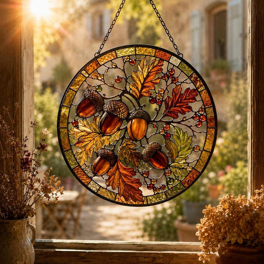 Acorn Suncatcher for Fall Lovers, Autumn Window Hanging, Stained Glass Style Decor, Gift-Ready Cottage Charm