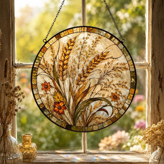 Harvest Wheat Suncatcher, Autumn Window Decor, Stained Glass Style Hanging Ornament, Fall Gift for Her, Cozy Cottage Home Decor