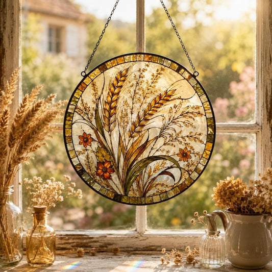 Harvest Wheat Suncatcher, Autumn Window Decor, Stained Glass Style Hanging Ornament, Fall Gift for Her, Cozy Cottage Home Decor