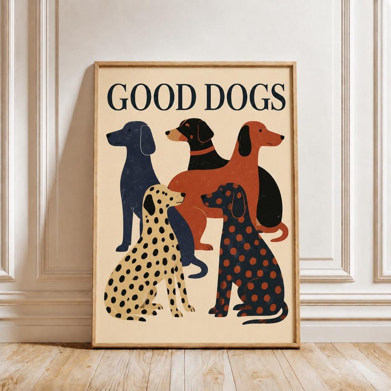 Good Dogs Wall Art, Dog Poster, Colorful Dog Print, Mid Century Dog Illustration, Cute Dog Lover Gift, Fun Living Room Decor