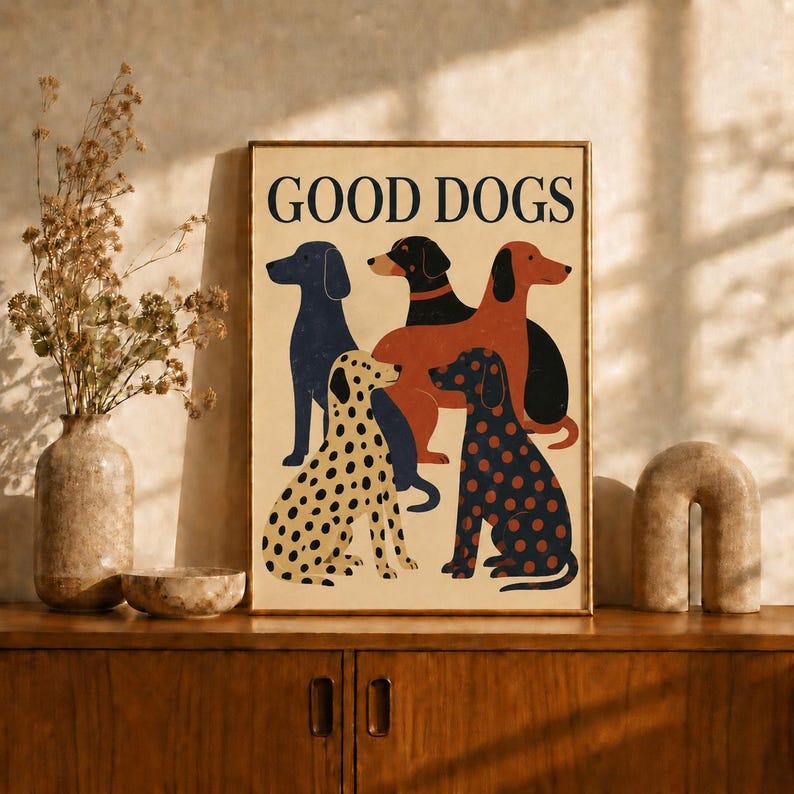 Good Dogs Wall Art, Dog Poster, Colorful Dog Print, Mid Century Dog Illustration, Cute Dog Lover Gift, Fun Living Room Decor