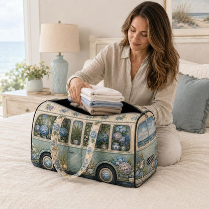 Vintage Camper Weekender Bag, Blue Hydrangea Quilted Travel Tote, Coastal Floral Overnight Duffel, Beach Birthday Gift For Her And Mom