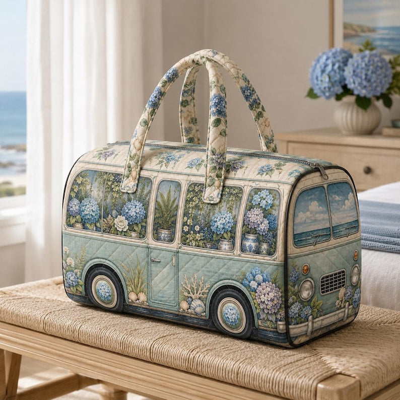 Vintage Camper Weekender Bag, Blue Hydrangea Quilted Travel Tote, Coastal Floral Overnight Duffel, Beach Birthday Gift For Her And Mom