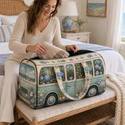 Vintage Camper Weekender Bag, Blue Hydrangea Quilted Travel Tote, Coastal Floral Overnight Duffel, Beach Birthday Gift For Her And Mom