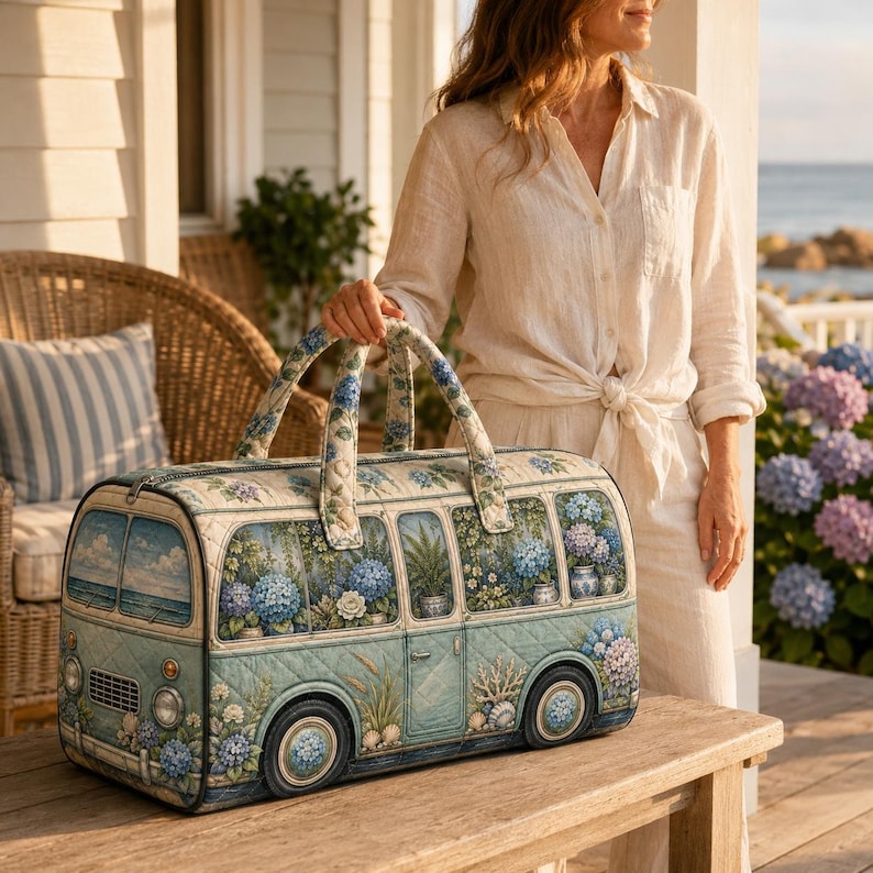Vintage Camper Weekender Bag, Blue Hydrangea Quilted Travel Tote, Coastal Floral Overnight Duffel, Beach Birthday Gift For Her And Mom