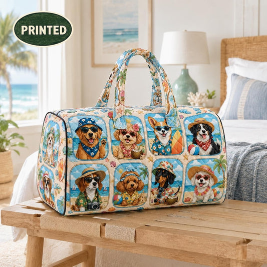 Dog Weekender Bag, Quilted Beach Travel Tote, Cute Summer Puppy Overnight Duffel, Pet Lover Birthday Gift For Her, Vacation Carryall