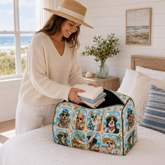 Dog Weekender Bag, Quilted Beach Travel Tote, Cute Summer Puppy Overnight Duffel, Pet Lover Birthday Gift For Her, Vacation Carryall