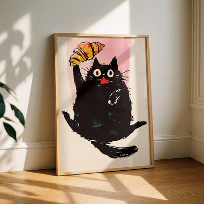Cat Croissant Kitchen Print - Cafe Breakfast Art - Fun kitchen decor