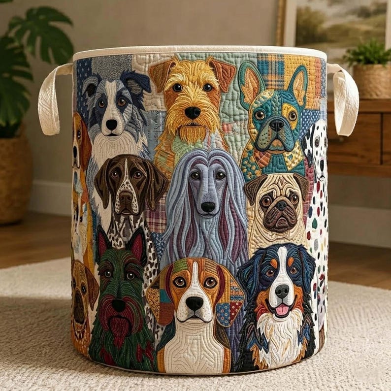 Colorful Dogs Quilted Laundry Basket: Cute Puppy Pattern Hamper, Pet Lover Gift