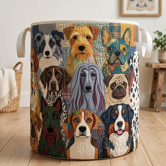 Colorful Dogs Quilted Laundry Basket: Cute Puppy Pattern Hamper, Pet Lover Gift