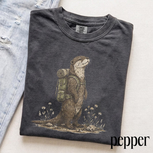 Vintage Hiking Otter Graphic Tee, Retro Cute Woodland Animal Shirt, Funny Outdoor Adventure Top, Comfort Colors® Nature Gift Tee