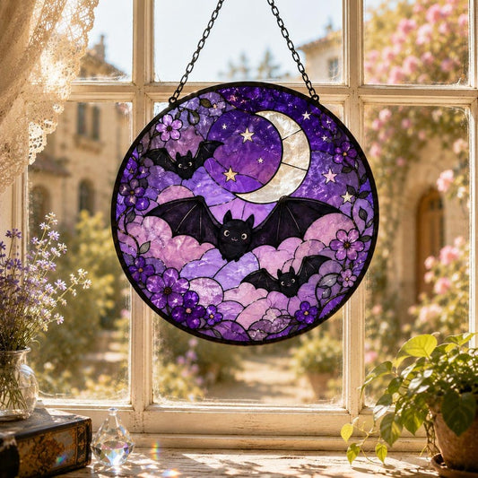 Halloween Bat Suncatcher, Purple Moon Window Hanging, Cute Gothic Decor, Spooky Gift, Stained Glass Style