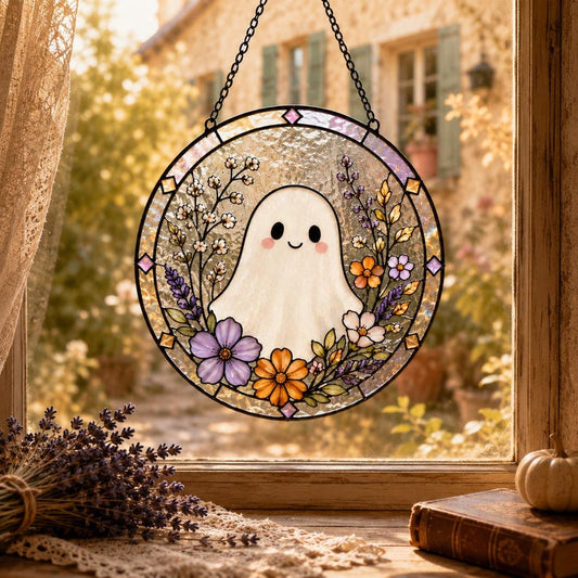 Ghost Suncatcher for Halloween Lovers, Cute Floral Window Hanging, Stained Glass Style Spooky Decor & Fall Gift