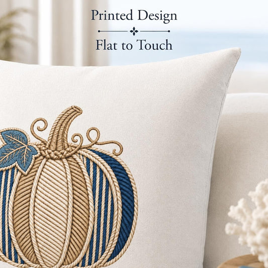 Blue Striped Pumpkin Pillow Cover, Coastal Fall Decor, Faux Embroidered Cushion Case, Neutral Autumn Throw Pillowcase, Cottage Beach Home