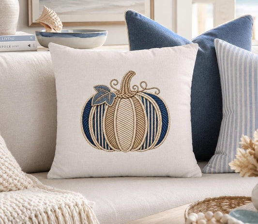 Blue Striped Pumpkin Pillow Cover, Coastal Fall Decor, Faux Embroidered Cushion Case, Neutral Autumn Throw Pillowcase, Cottage Beach Home