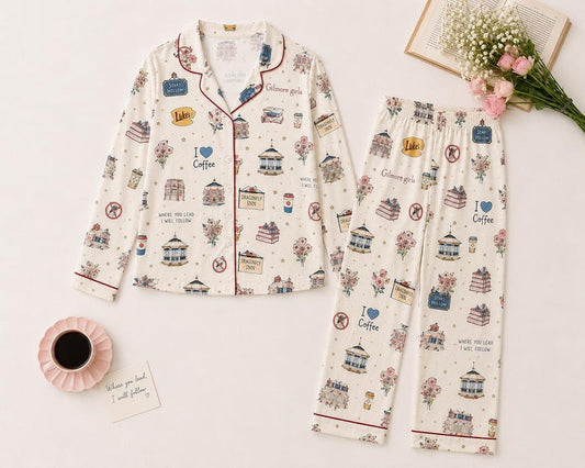 Book Lover Pajama Set, Cozy Coffee Sleepwear, Vintage Floral Pajamas, Library Lover Lounge Set, Women's Long Sleeve PJs