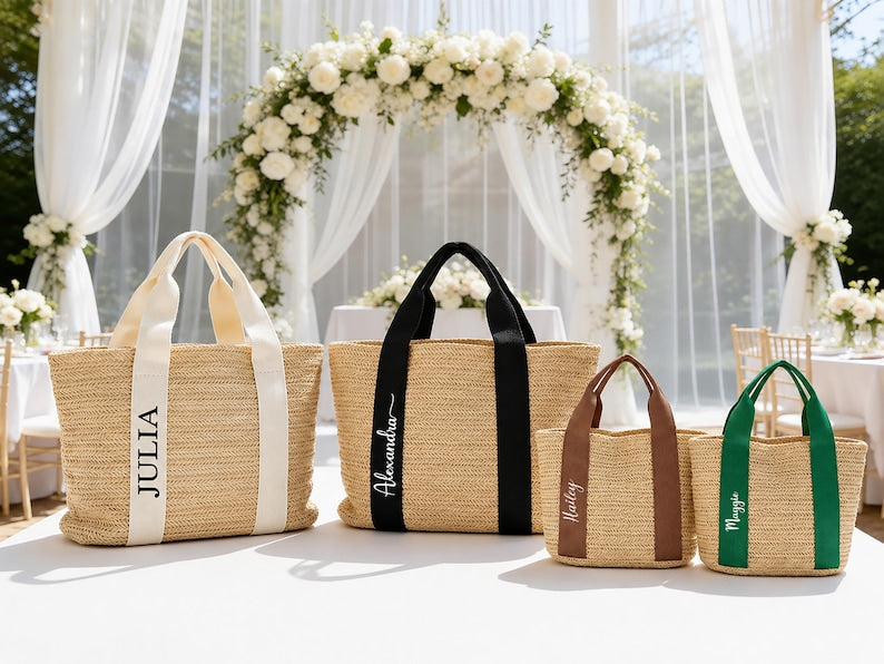 Personalized Straw Beach Bag for Bridesmaids, Custom Wedding Tote Gift