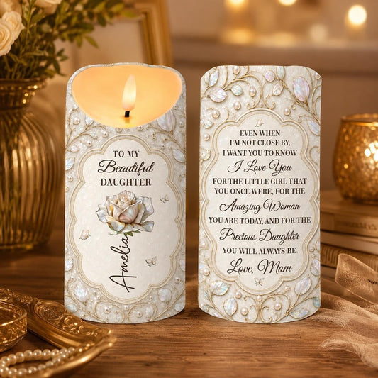 Personalized Daughter Candle, Custom Name White Rose Keepsake Gift From Mom, Love You Daughter