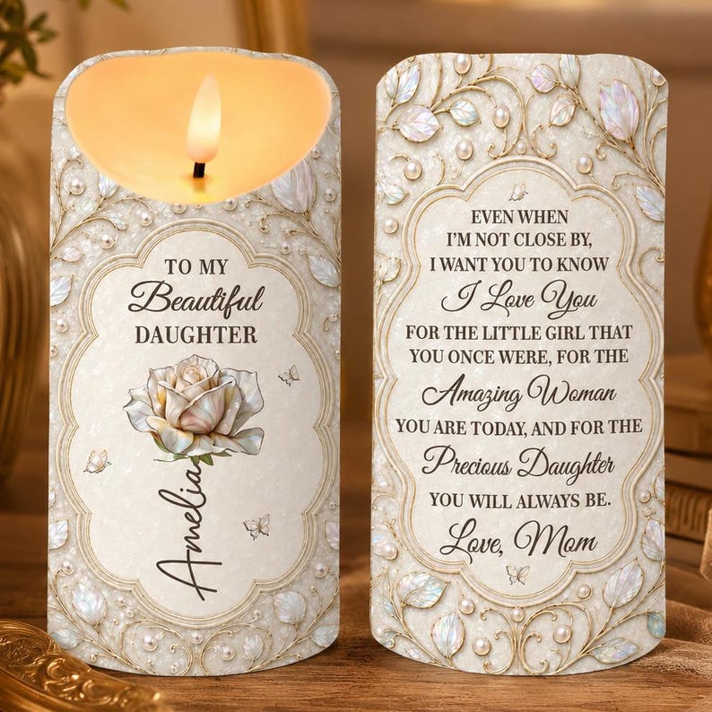 Personalized Daughter Candle, Custom Name White Rose Keepsake Gift From Mom, Love You Daughter