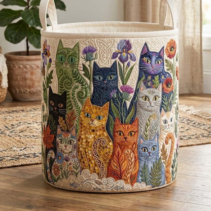 Boho Floral Cat Quilted Laundry Basket: Bohemian Cat Storage Bin, Cat Lover Gift