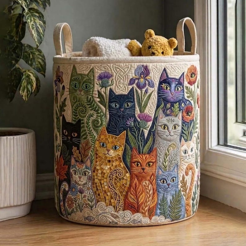 Boho Floral Cat Quilted Laundry Basket: Bohemian Cat Storage Bin, Cat Lover Gift