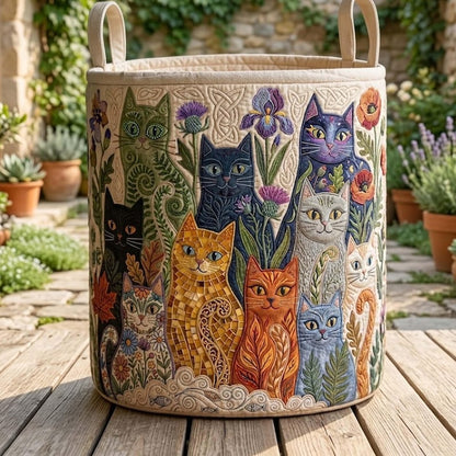 Boho Floral Cat Quilted Laundry Basket: Bohemian Cat Storage Bin, Cat Lover Gift