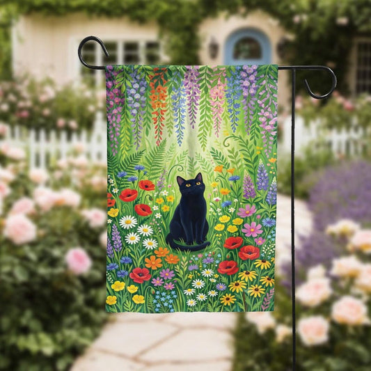 Black Cat Floral Garden Flag, Cottagecore Wildflower Yard Decor