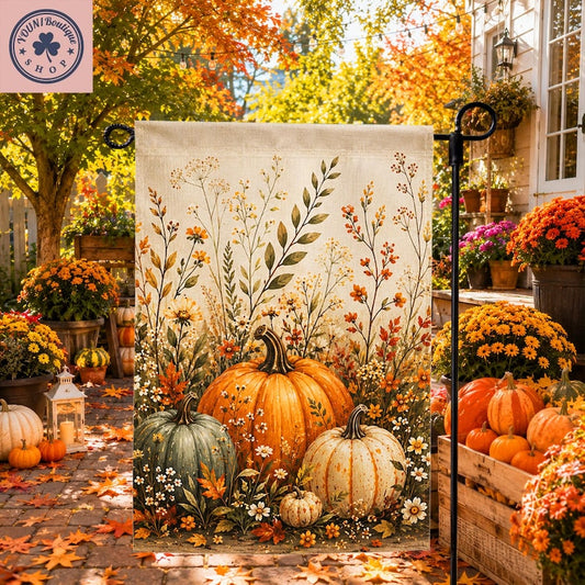 Fall Pumpkin Floral Garden Flag, Rustic Harvest Yard Decor, Vintage Outdoor Banner