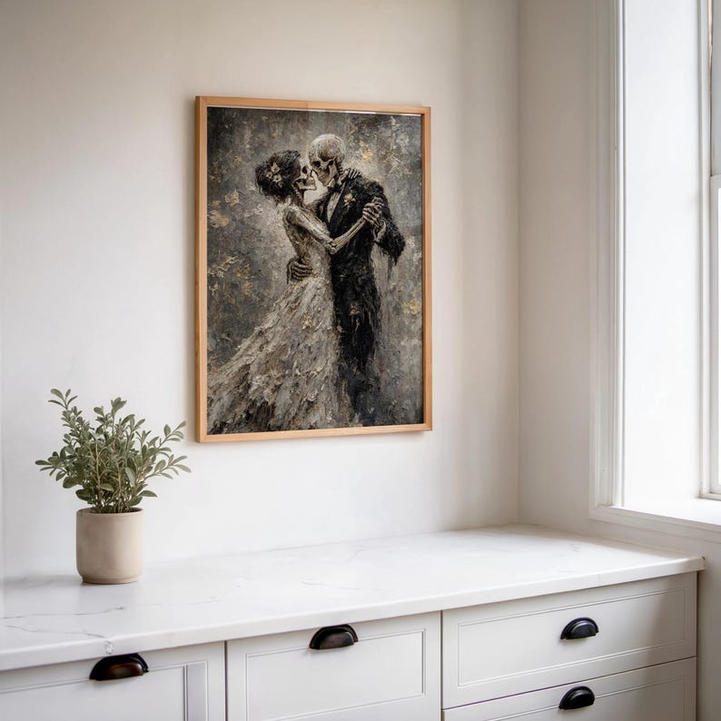 Skeletons Dancing Print, Gothic Romantic Couple Decor, Dark Academia Macabre Painting, Halloween Moody Wall Art, Victorian Occult Lovers Art