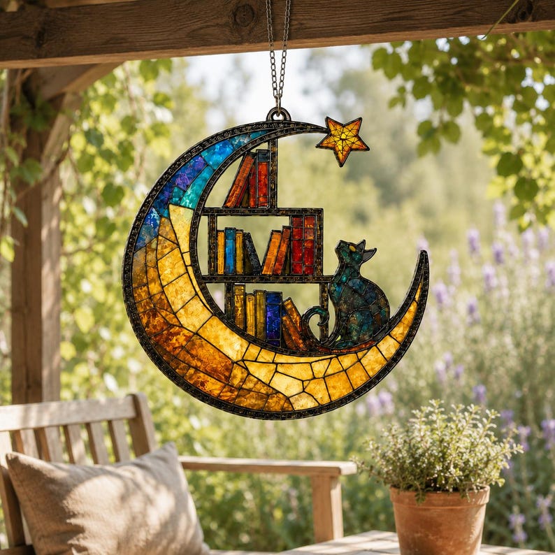 Moon Cat Library Suncatcher, Book Lover Window Decor,  Cat Lover Gift