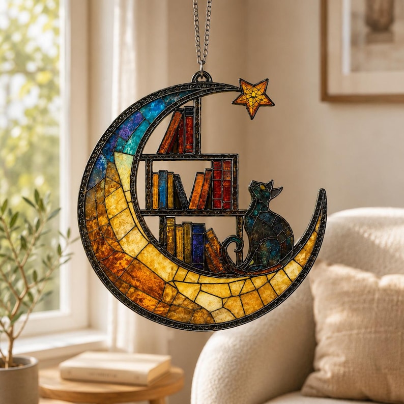 Moon Cat Library Suncatcher, Book Lover Window Decor,  Cat Lover Gift