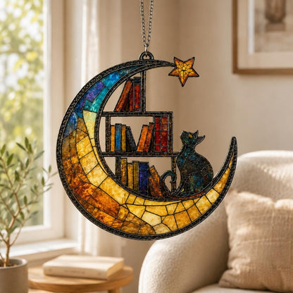 Moon Cat Library Suncatcher, Book Lover Window Decor,  Cat Lover Gift
